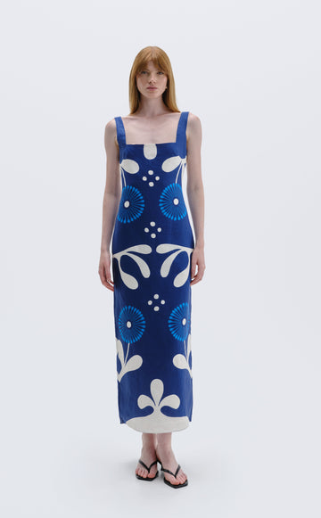 Cala de la Cruz Amara Geometric Linen Midi Dress - Blue & White