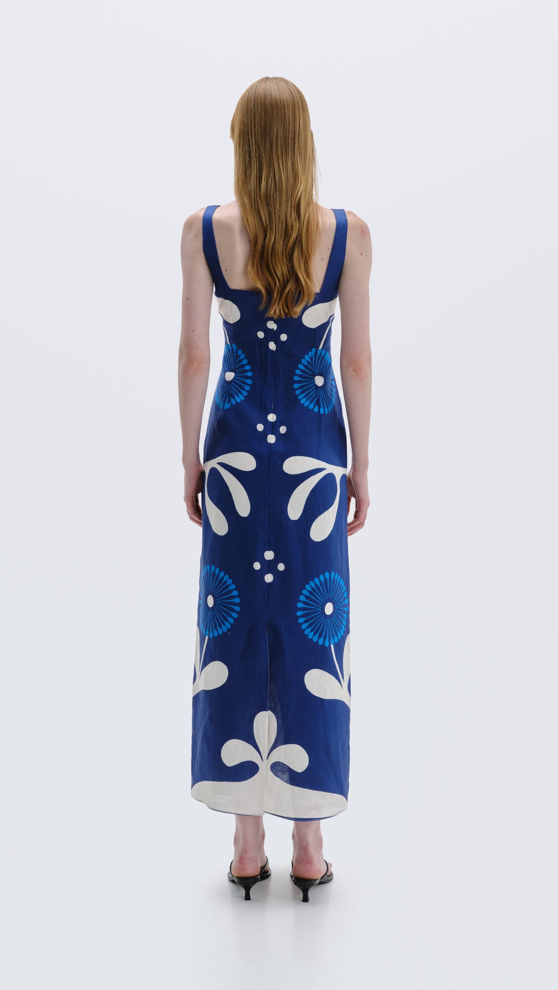 Cala de la Cruz Amara Geometric Linen Midi Dress - Blue & White