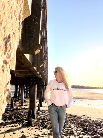 REMY 100% Premium Cashmere Nantucket Rainbow Fleet Sweater - Cream