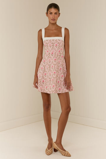 Palm Noosa Daphne Embroidered Linen Mini Dress - Luxembourg Tile