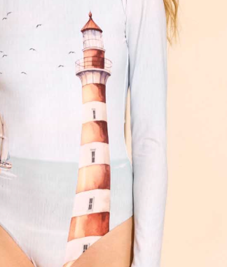 Solange Maritime Long Sleeve One Piece Swimsuit – Coastal Watercolor Print