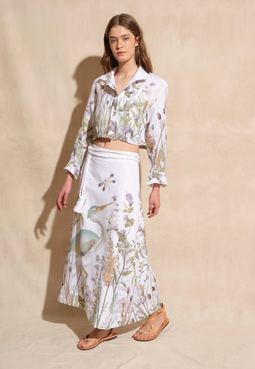 Solange Tropical Floral Long Linen Skirt | Effortless Summer Maxi with Crochet Belt