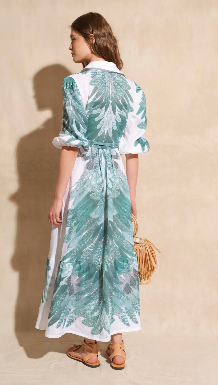 Solange Linen Midi Shirt Dress: Signature Feather Print & Balloon Sleeve