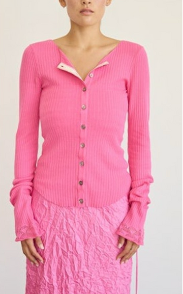 Brazeau Vintage Detailed Scoop Neck Cardigan - Bubblegum Pink