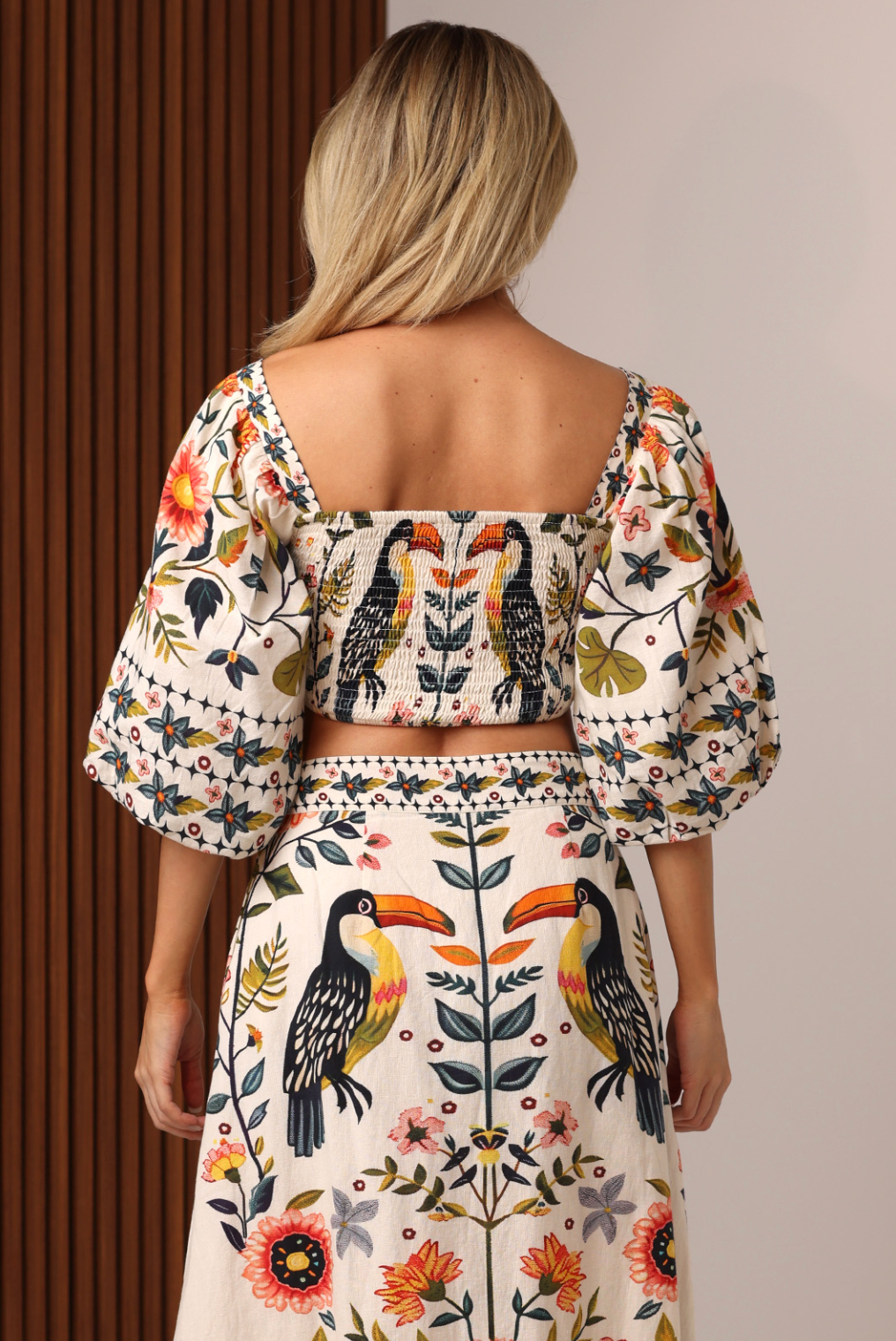Shore Toucan Tropical Cotton Crop Top – Square Neck Puff Sleeve Blouse