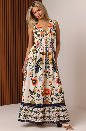Shore Tropical Toucan Print Cotton Maxi Dress