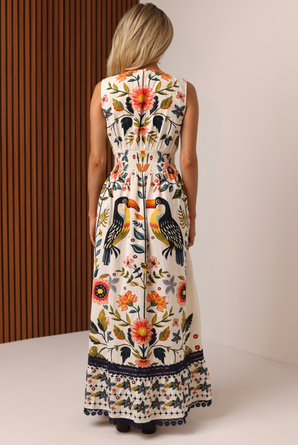 Shore Tropical Toucan Print Cotton Maxi Dress