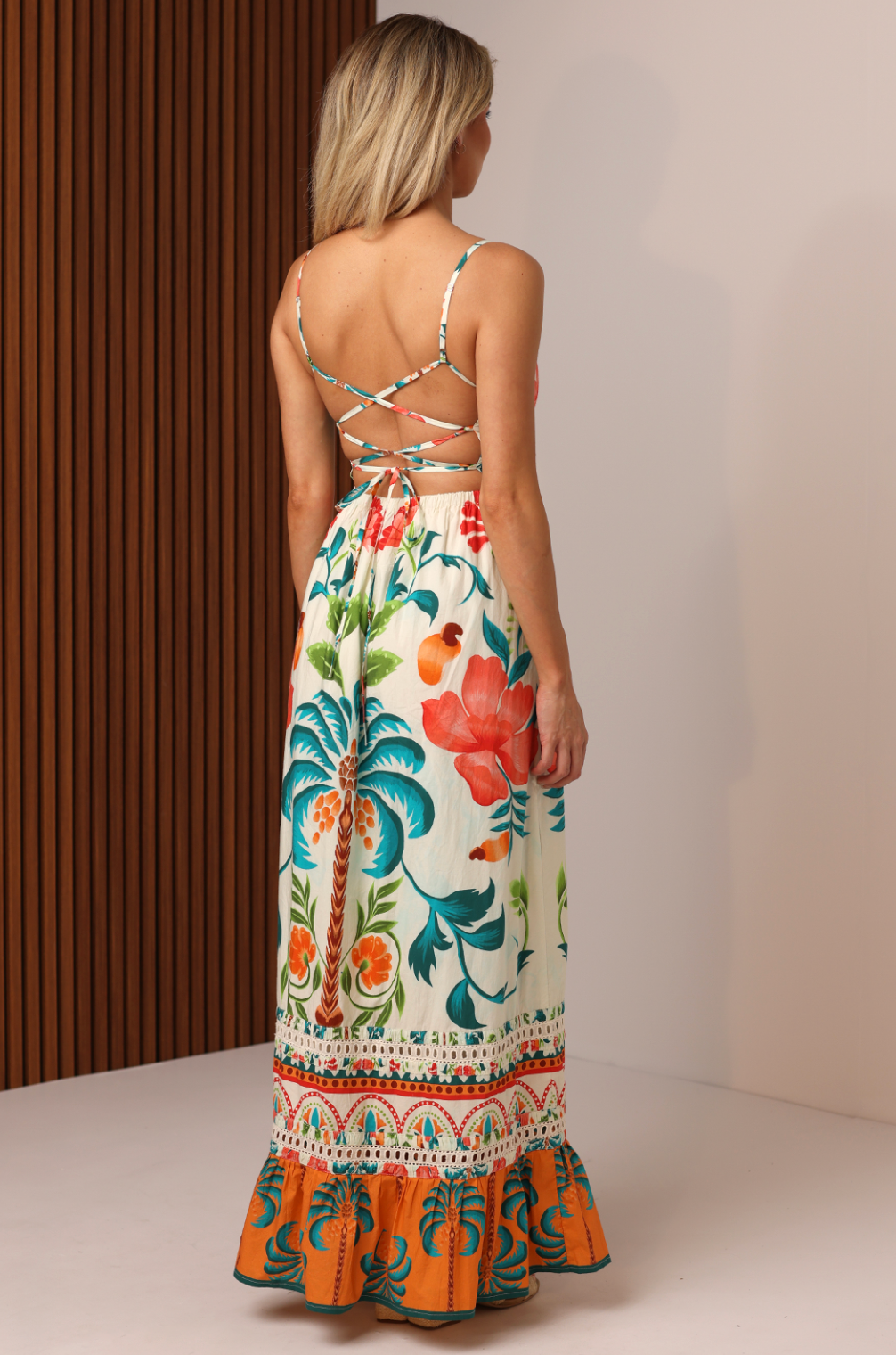 Shore Vanessa Cotton Tiered Maxi Dress: Backless Lace-Up Fit