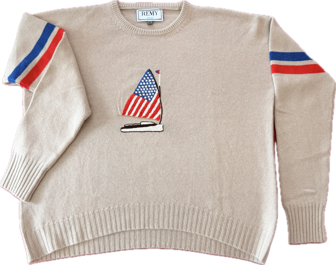 REMY 100% Premium Cashmere Nantucket USA Sailboat Sweater - Khaki