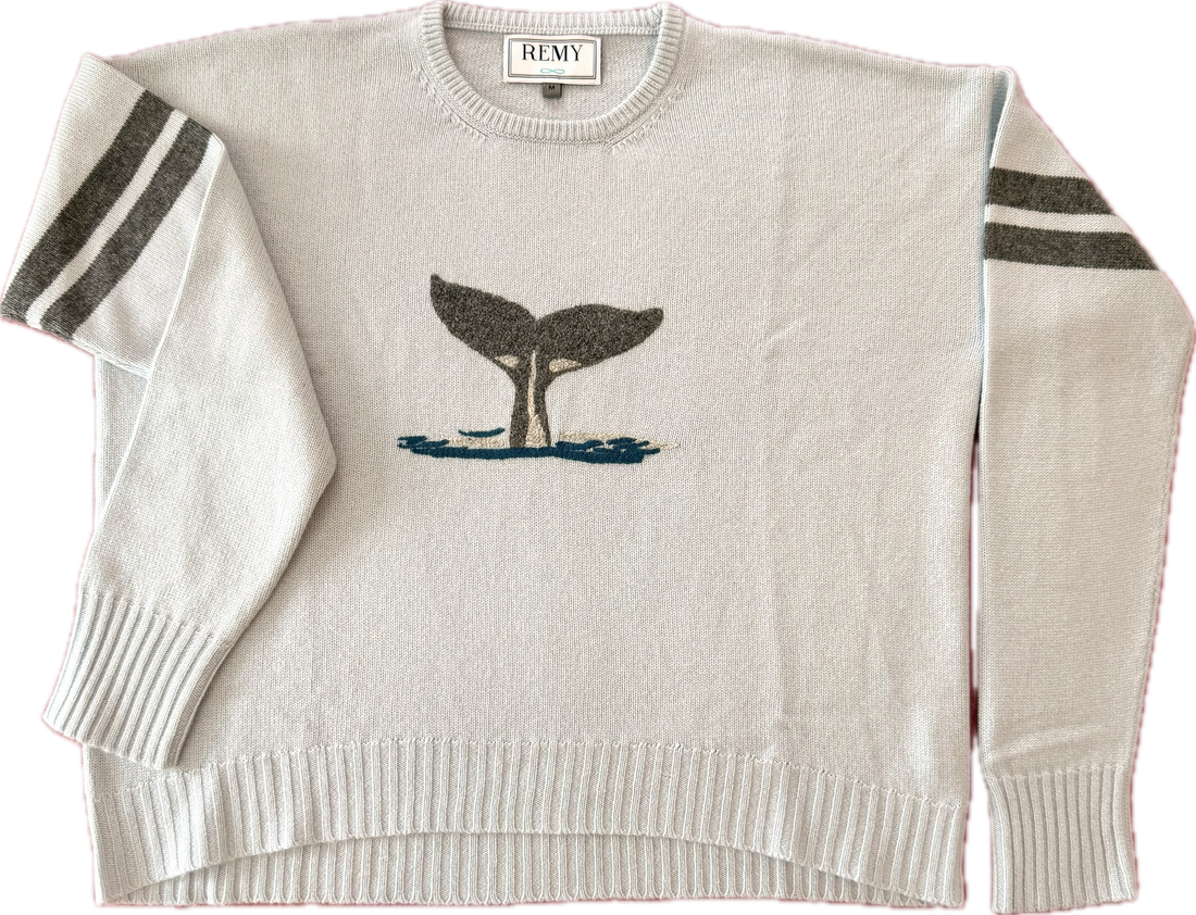 REMY 100% Premium Cashmere Nantucket Whale tail Sweater - Icy Blue