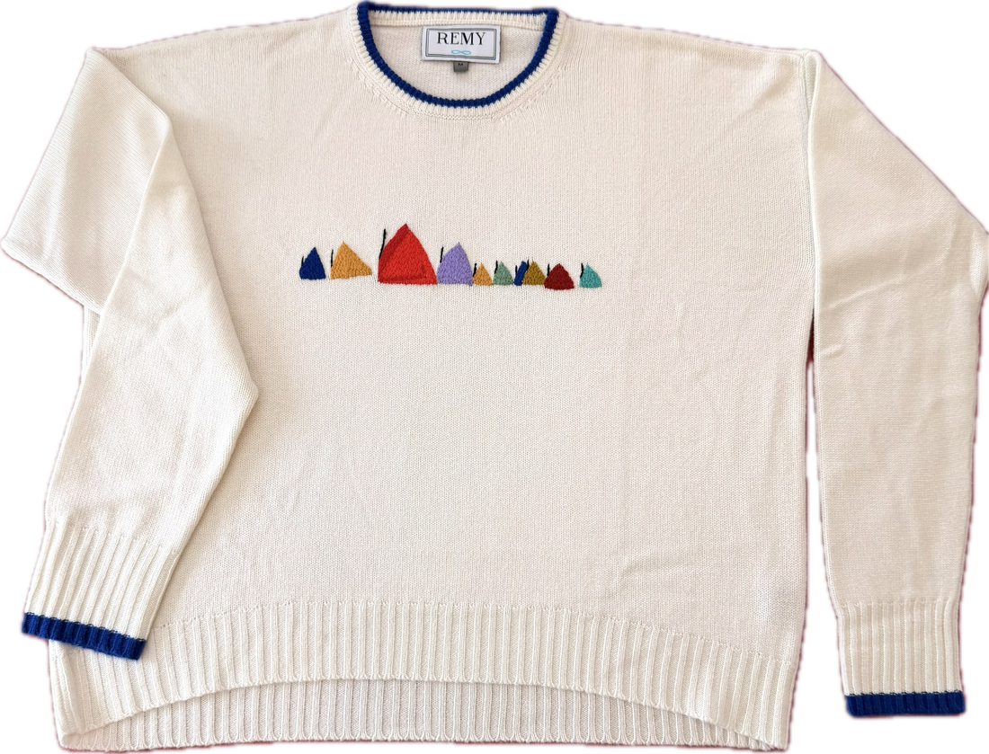 REMY 100% Premium Cashmere Nantucket Rainbow Fleet Sweater - Cream