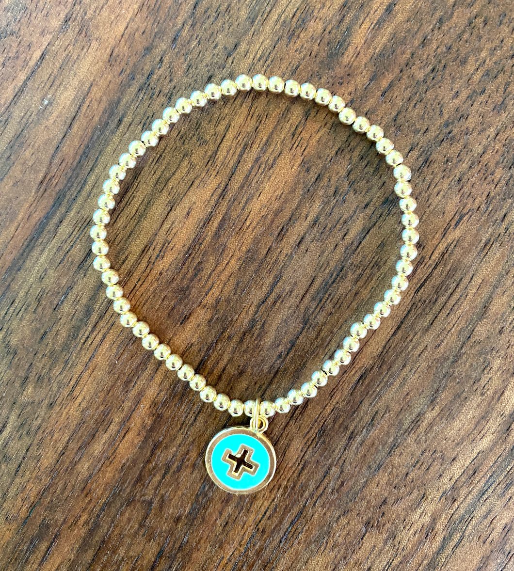 eNewton 3mm Bead Bracelet - Disc Cross Charm - turquoise