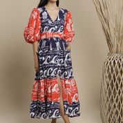 PN Coucoue Mixed Linen Print Button Thru Tiered Maxi Folk Dress